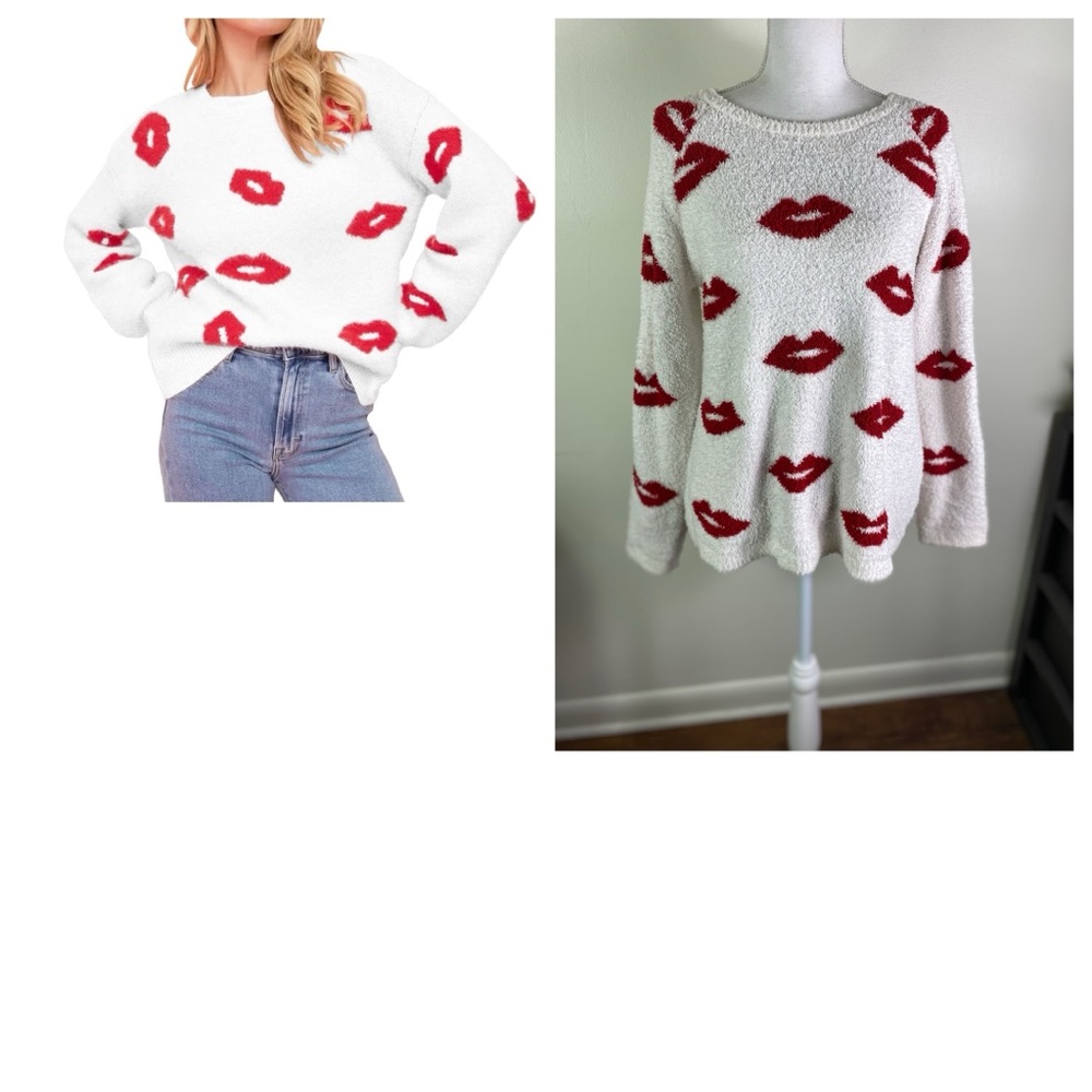 P.J Salvage women’s Sz L graphic lips pullover red/white leg sleeve sweater